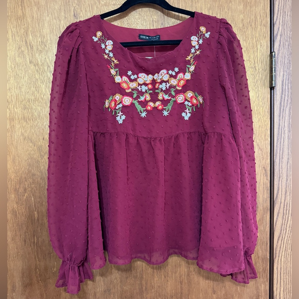 SHEIN Burgundy Floral Embroidered Blouse